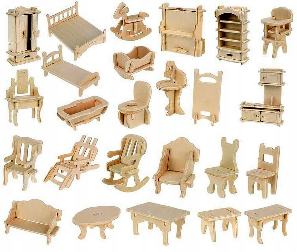 Mebelki dla LALEK DREWNIANE EKO do samodzielnego składania KREATYWNE 34 szt