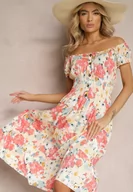 Sukienki - Różowo-Beżowa Sukienka Mini z Krótkim Rękawem z Wiskozy w Kwiaty Emena - miniaturka - grafika 1