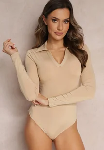 Beżowe Body z Długim Rękawem i Trójkątnym Dekoltem Lucretia - Renee - Body - miniaturka - grafika 1