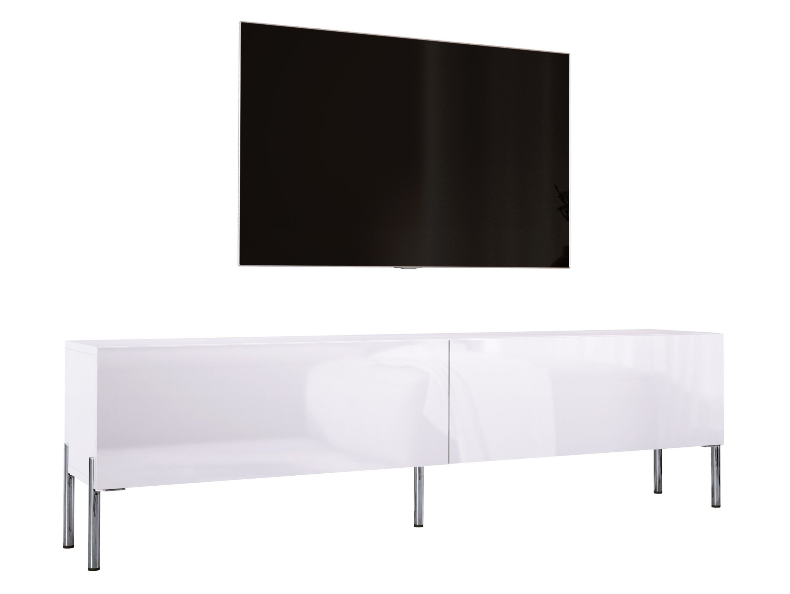 Szafka pod telewizor w kolorze białym matowym / białym błyszczącym z chromowanymi nogami, A: szer: 170 cm cm, wys: 52 cm, gł: 32 cm. Meble pod telewizor, stolik pod telewizor, ława pod telewizor