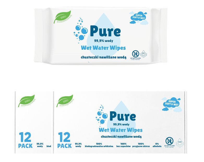 Chusteczki nawilżane Pure Wet Water Wipes dla dzieci 24 szt. BIO baby 99.9% Wody