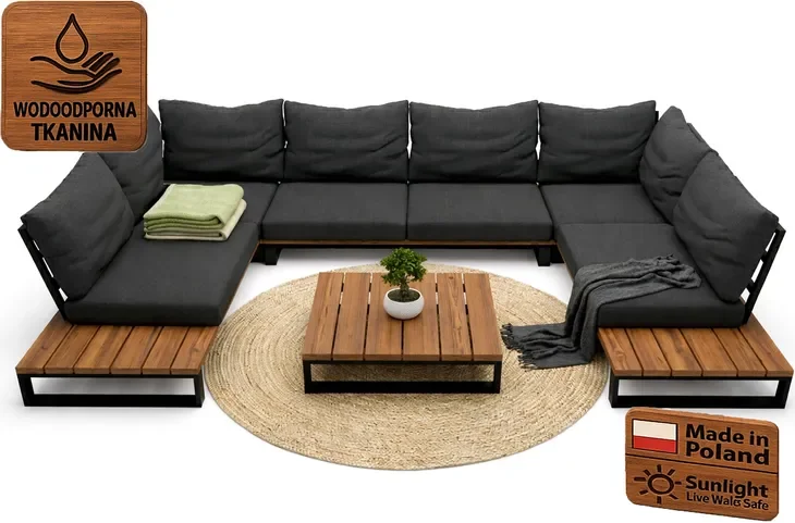 Zestaw Mebli Ogrodowych Premium Drewno Termo U + Stolik + Poduszki / Sofa N