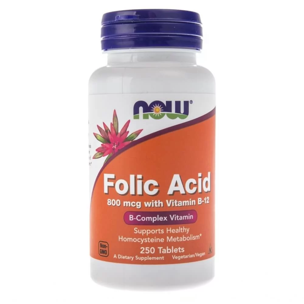 Now Foods Foods Suplement diety Folic Acid (kwas foliowy + witamina B12) FOODS, 250 tabletek