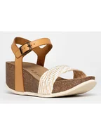 Sandały damskie - BACKSUN Sandały "Rimini" w kolorze jasnobrązowo-biało-szarym na koturnie - miniaturka - grafika 1