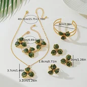 Inne - TEMU Pięcioczęściowy zestaw biżuterii dla kobiet: Naszyjnik z wisiorkiem w kształcie zielonego kwiatu , Para kolczyków, Pierścionek, Bransoletka i - miniaturka - grafika 1