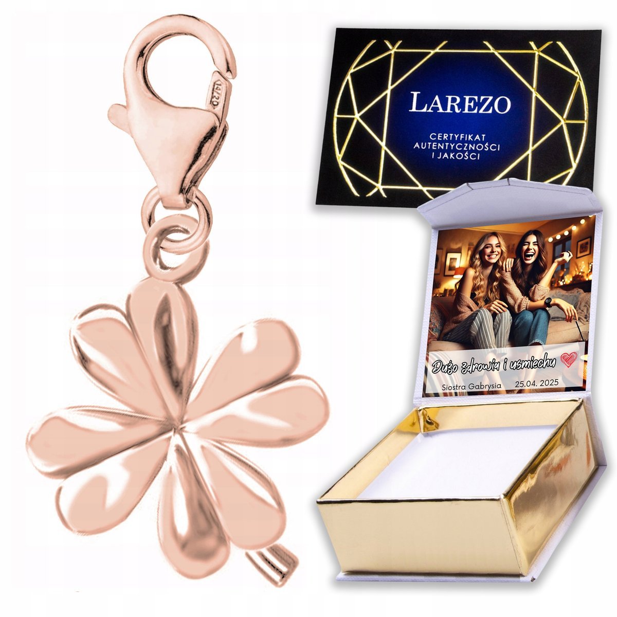 Zawieszka Pozłacana Czterolistna Koniczyna Koniczynka Clover NADRUK