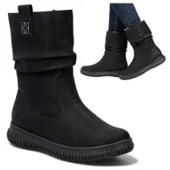 Botki damskie - RIEKER Zimowe Botki damskie 37 Trzewiki Ocieplane Wygodne Płaskie Czarne - miniaturka - grafika 1