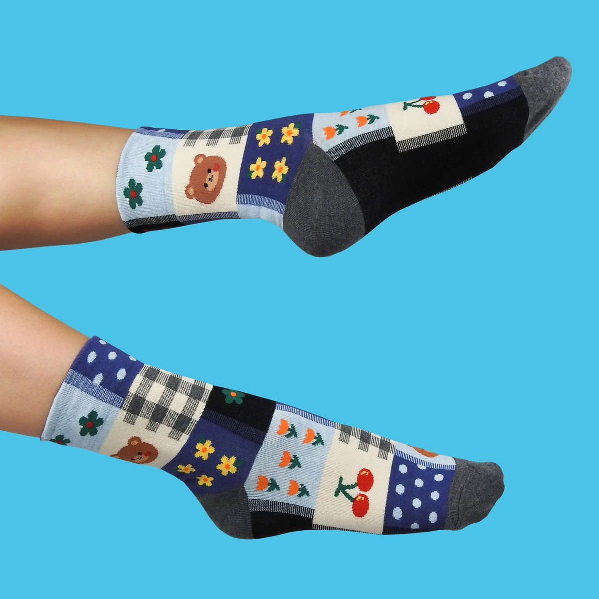 Damskie Skarpetki - Kwiaty, Miś, Patchwork - Bawełna, Na Prezent