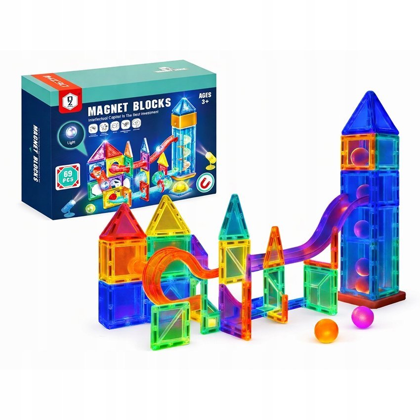 KLOCKI MAGNETYCZNE 69el. TOR KULKOWY ŚWIECĄCY KULODROM EDUKACYJNY 3D LED