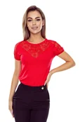 Bluzki damskie - Elegancka bluzka z koronkowymi detalami na ramionach i dekolcie Cyryla czerwona S - miniaturka - grafika 1