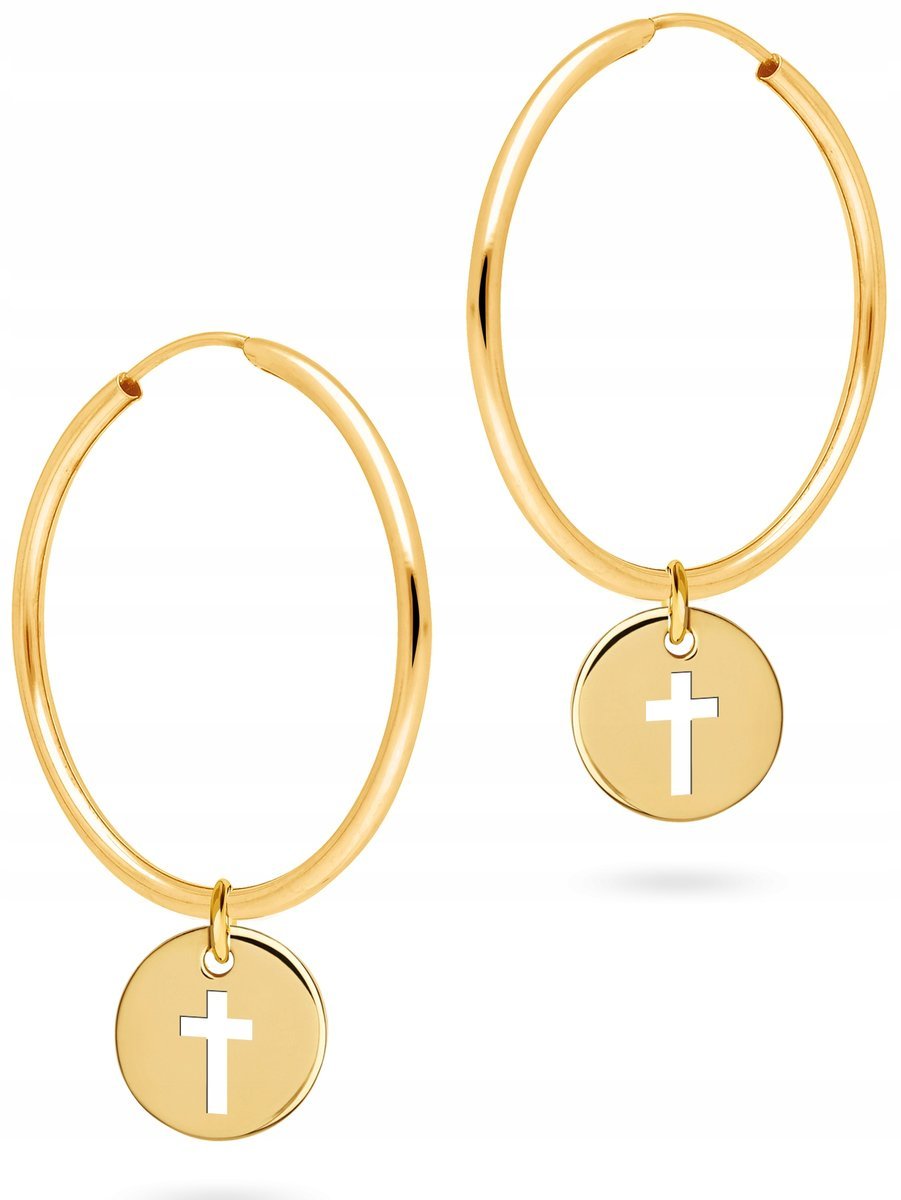 PIĘKNE ZŁOTE KOLCZYKI WISZĄCE KÓŁKO KRZYŻYK 585