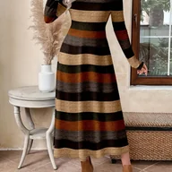Sukienki - TEMU Elegancka Sukienka Maxi w Paski w Kolorze Brązowym/Beżowym/Płowym - Kształt A - Długa Sukienka Zimowa z Okrągłym Dekoltem, Długim Rękawem, - miniaturka - grafika 1