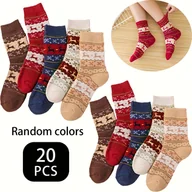 Skarpetki damskie - TEMU 20 Par Skarpetek Świątecznych dla Kobiet – , Ciepłe Skarpety do Połowy Łydki z Reniferami, Beżowe, Brązowe, Granatowe – Przytulny Prezent na - miniaturka - grafika 1