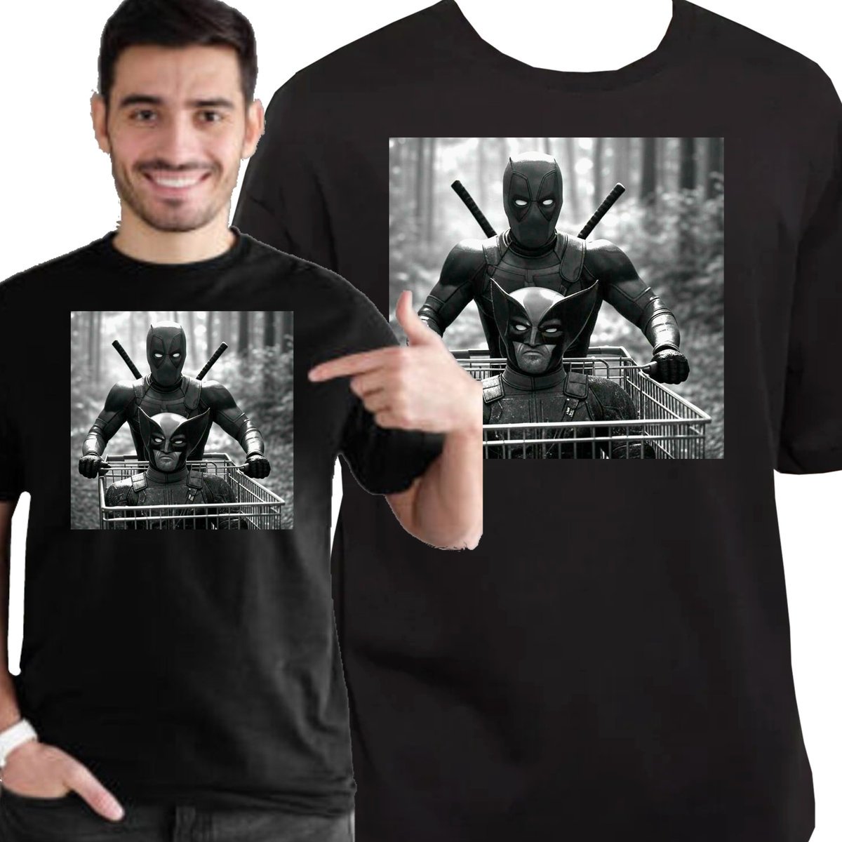 ŚMIESZNA KOSZULKA MĘSKA DEADPOOL PCHAJĄCY WÓZEK WOLVERINE CZARNA L 3442