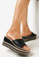 Klapki i japonki damskie - Czarne Klapki na Koturnie z Szerokim Paskiem z Cyrkoniami Abiss - miniaturka - grafika 1