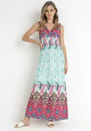 Sukienki - Miętowo-Różowa Sukienka z Szeroką Gumką w Talii w Etno Wzór Caroli - miniaturka - grafika 1