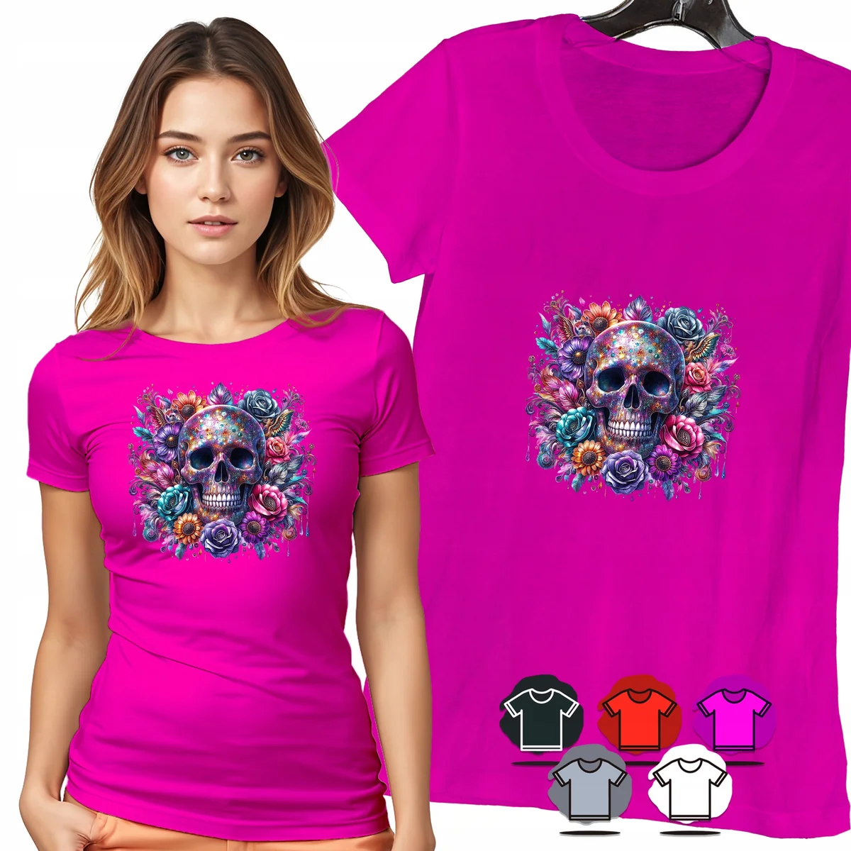 KOSZULKA DAMSKA T-SHIRT - CZASZKA KOLOROWE RÓŻE KWIATOWY WZÓR DAMSKI - L