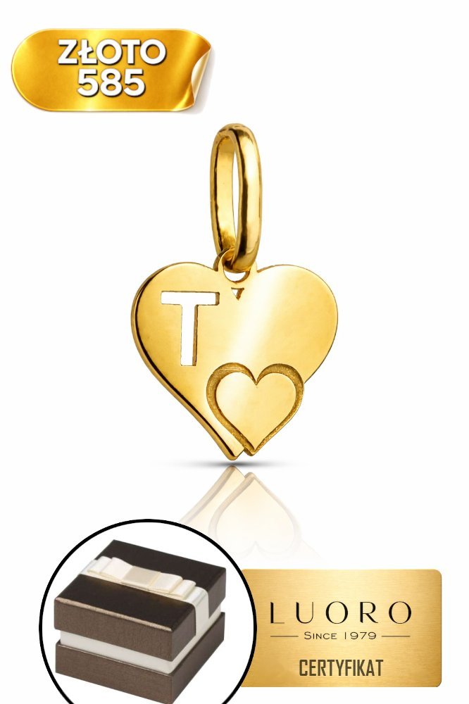 ZAWIESZKA ZŁOTA 585 14K LITERKA T Z SERDUSZKIEM 1 CM ELEGANCKA