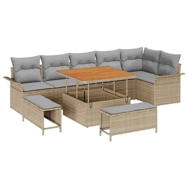 Zestaw Sof Ogrodowych Rattan Beżowy/Jasnoszary, Sofa + Stół + 2 Ławki