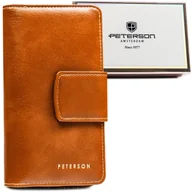 Portfele - Elegancki jasnobrązowy portfel damski ze skóry ekologicznej PETERSON poziomy na zatrzask i suwak pojemny średniej wielkości pudełko prezentowe ochro.. - miniaturka - grafika 1