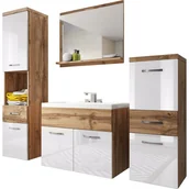 Meble łazienkowe - Komplet mebli łazienkowych w kolorze dąb wotan / biały połysk - ALBECK - miniaturka - grafika 1