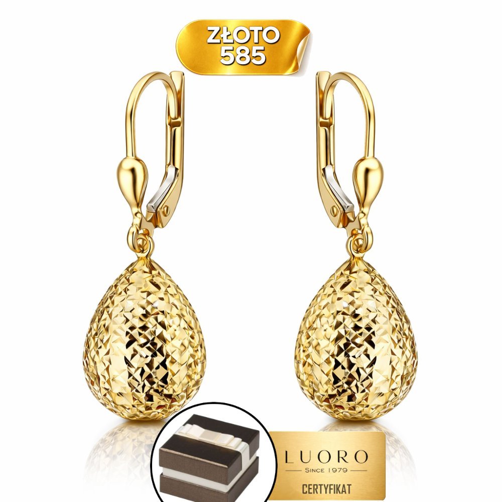 KOLCZYKI ZŁOTE 585 14K DIAMENTOWANE KROPLE ZAPINANE ANGIELSKIE 31,7 MM