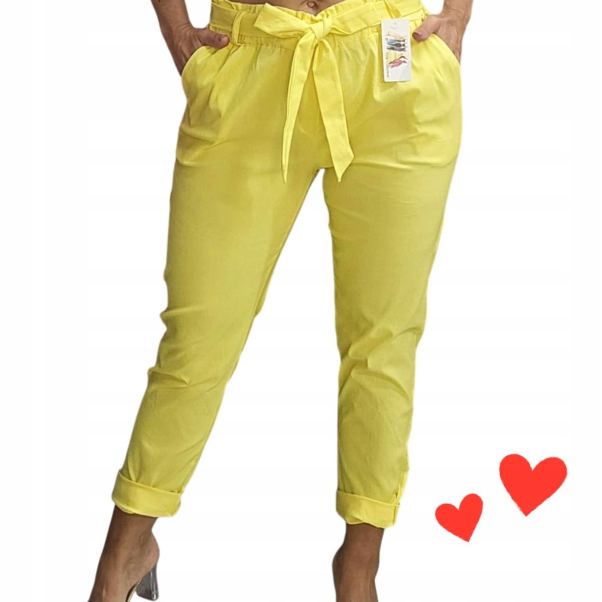 SPODNIE DAMSKIE ŻÓŁTE CYGARETKI GNIECIUCHY kieszenie kokarda 40 42 L XL