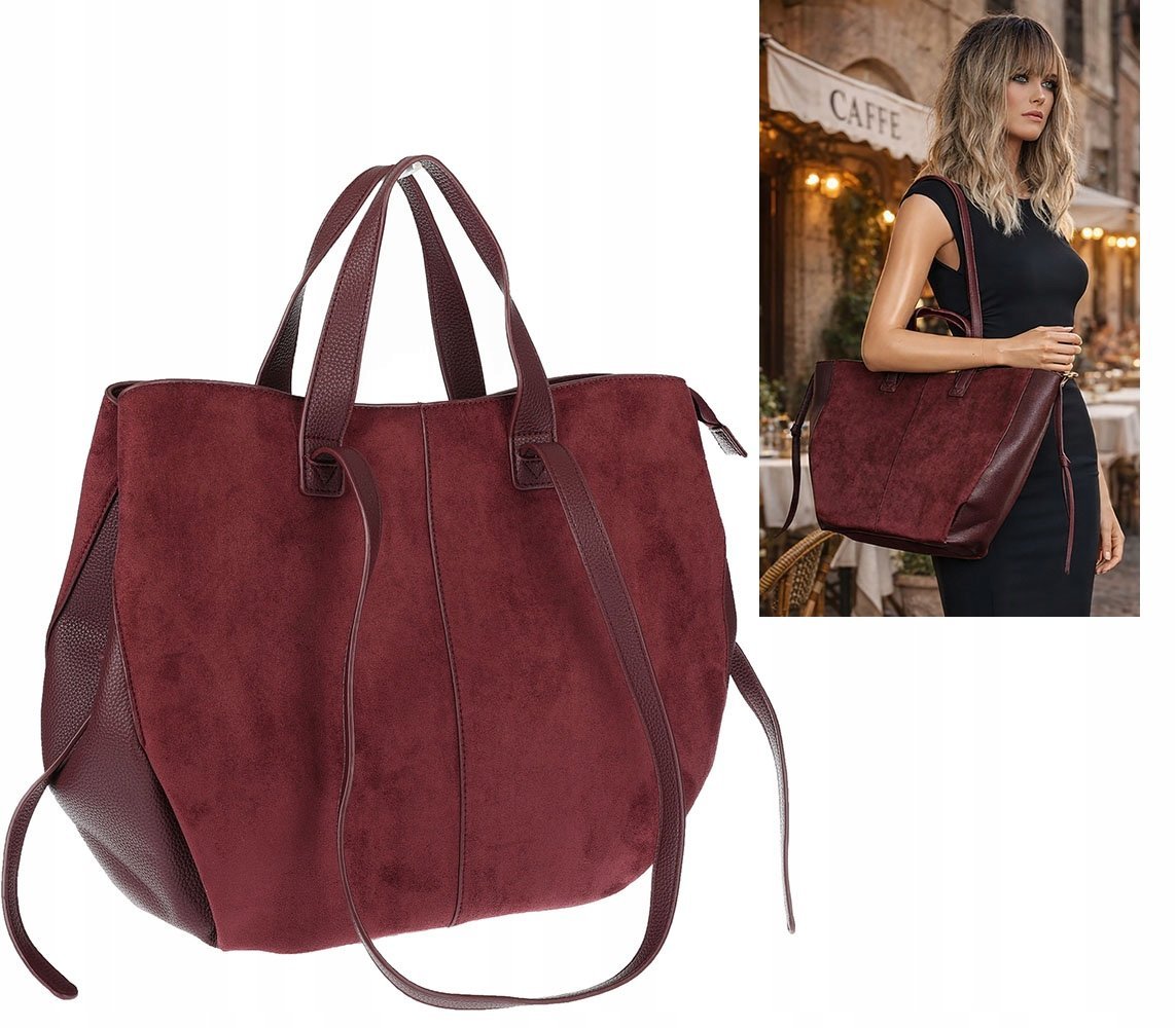 Torebka Damska Shopperka łódka Pojemna Duża Torba zamszowa R961 Bordowa