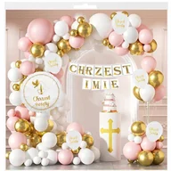 Balony i akcesoria - BALONY NA CHRZEST ŚWIĘTY RÓŻOWE BIAŁE ZŁOTE GIRLANDA BALONOWA BANER IMIĘ - miniaturka - grafika 1