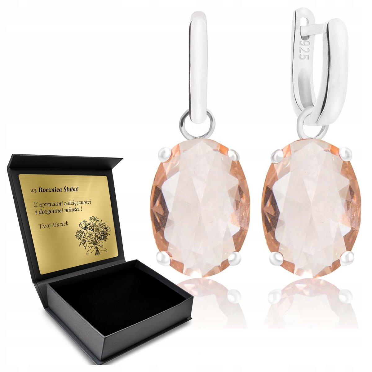Kolczyki Srebrne 925 Morganit Piękna Biżuteria Dla Kobiety + Grawer