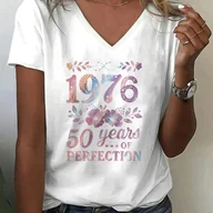 Bluzki damskie - TEMU Koszulka Damska z Krótkim Rękawem i Dekoltem w Serek z Kwiatowym Nadrukiem 1976 - Elastyczny Top na Wiosnę/, Biały z Kolorowymi Kwiatami - miniaturka - grafika 1