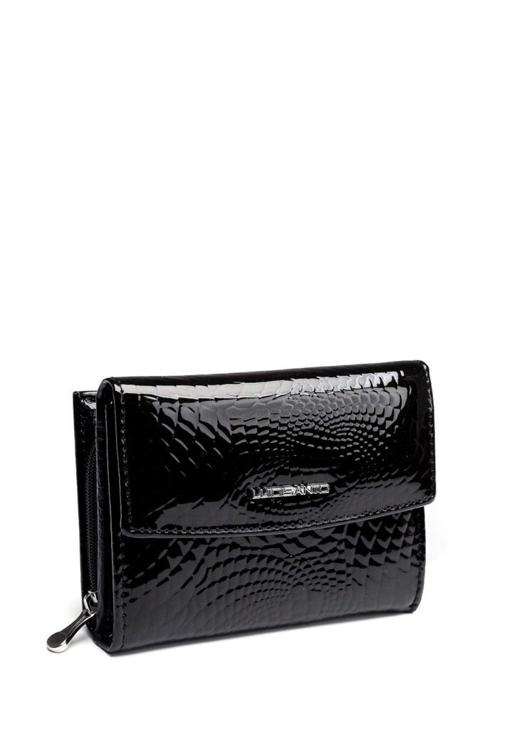 Czarny Portfel Damski LUIGISANTO RFID Skóra Naturalna Lakierowany Zgrabny