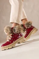 Botki damskie - Czerwone botki śniegowce damskie trapery na bieżnikowanej platformie wykończone futerkiem krokodyli wzór sznurowane Carla TW-GO54 - miniaturka - grafika 1