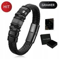 Bransolety męskie - Skórzana Bransoletka Męska Czarna Tytanowa Grawer - miniaturka - grafika 1