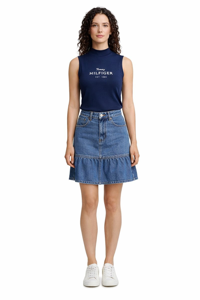 TOMMY HILFIGER GRANATOWY BAWEŁNIANY TOP BEZ RĘKAWÓW Z HAFTEM M I4A