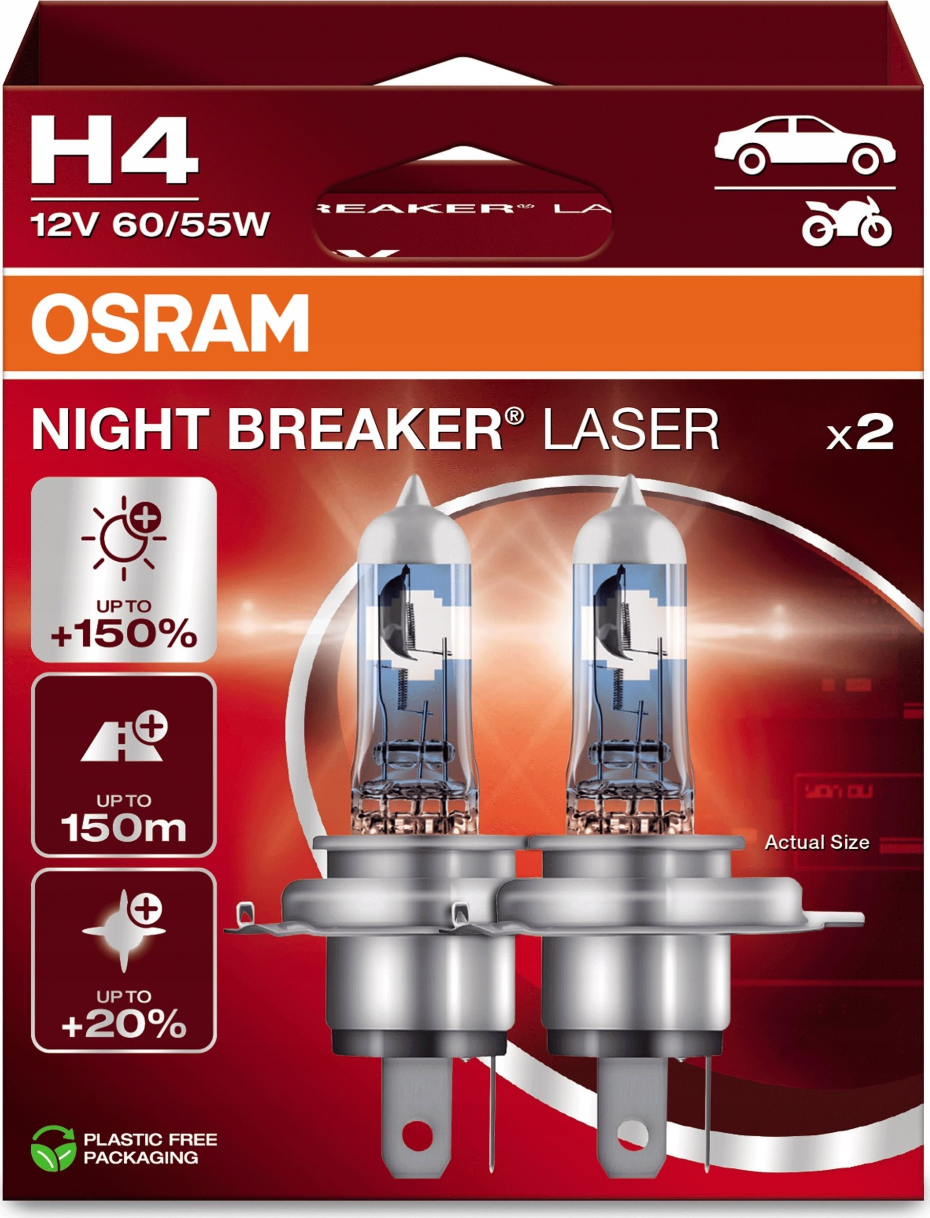 Osram OSRAM Automobilinės lemputės NIGHT BREAKER LASER +150% H4 60/55W 12V P43T 2vnt