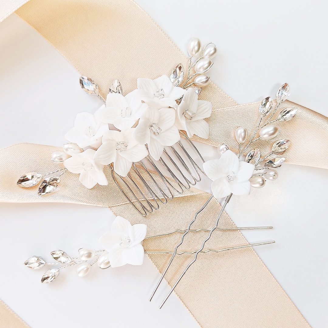 Kokonet, Zestaw Grzebyk Z Wsuwkami Kwiatami Cyrkoniami Ślubne Srebrne Ozdoby Stroik