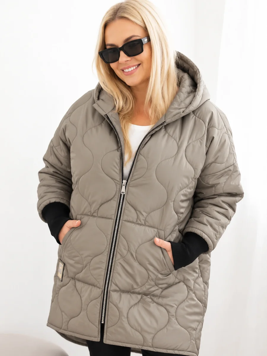 Kurtka damska zimowa Plus Size pikowana z kapturem fango