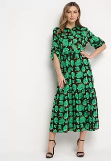 Sukienki - Zielono-Czarna Rozkloszowana Sukienka Maxi w Abstrakcyjne Kwiaty z Guzikami Przy Dekolcie Millara - grafika 1