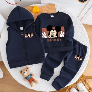 TEMU Disney Chłopięcy Jesienny Nowy Trzyczęściowy z Myszką Mickey Mouse - Bluza z Długim Rękawem i Okrągłym Dekoltem oraz Bezrękawnik z Kapturem na - Dresy i komplety dla chłopców - miniaturka - grafika 1