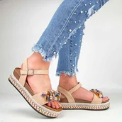 Sandały damskie - S.Barski HY056 sandały damskie na koturnie+platforma beżowe - miniaturka - grafika 1