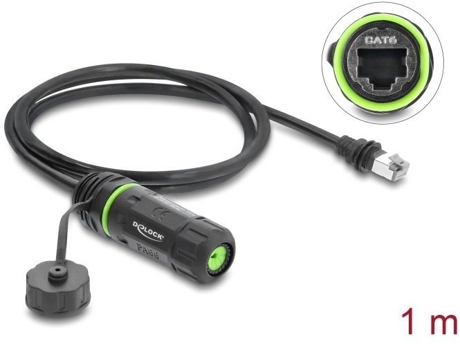Delock Kabel RJ45 Wtyk do RJ45 Gniazdo Cat.6 do montażu z M20 x 1,5 mm Gwintem i Obudową kompatybilny z Starlink IP68 pyło- i wodoodporny 1 m czarny 90681