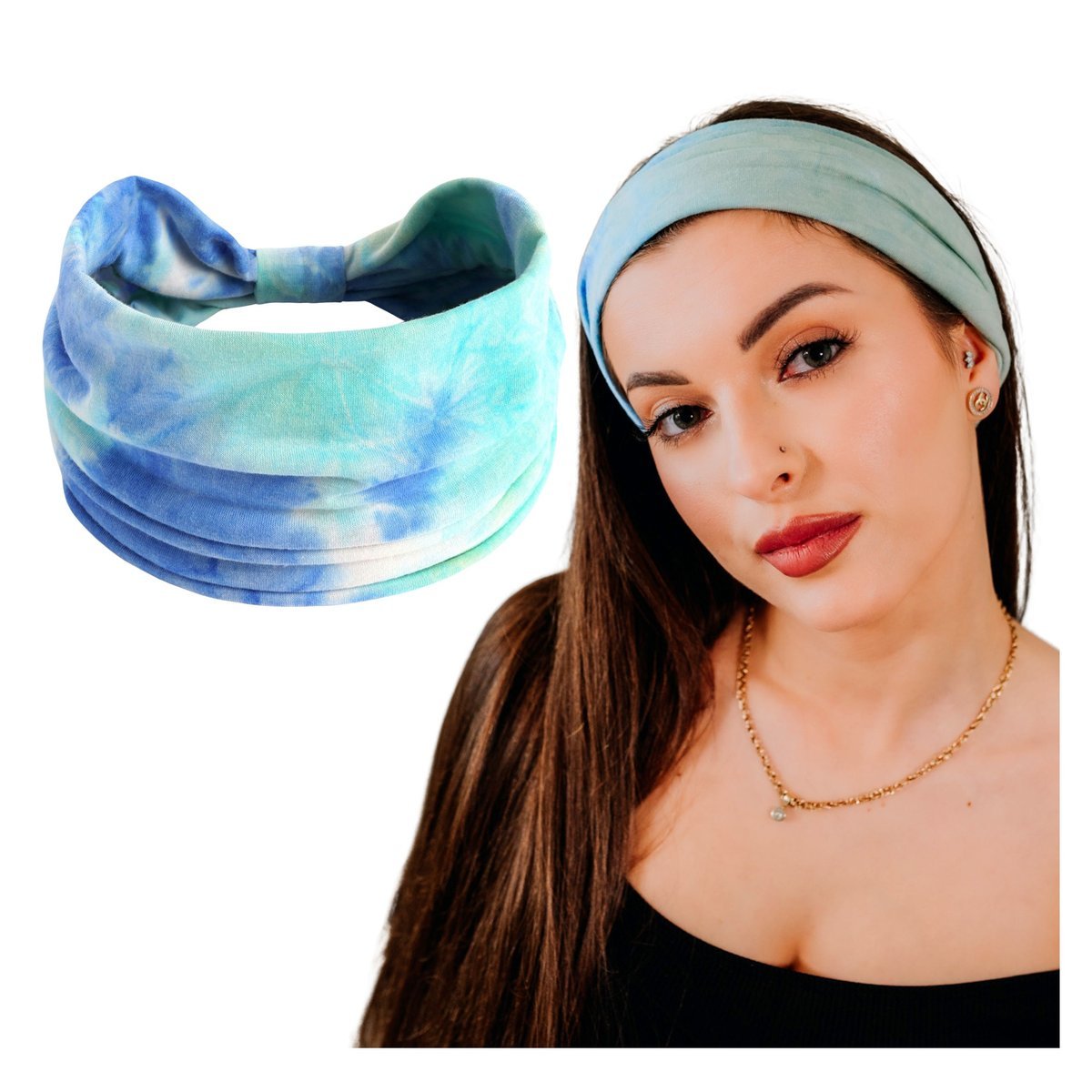 Opaska do Włosów Niebieska Turban na Głowę Szeroka Elastyczna MIŁA W DOTYKU