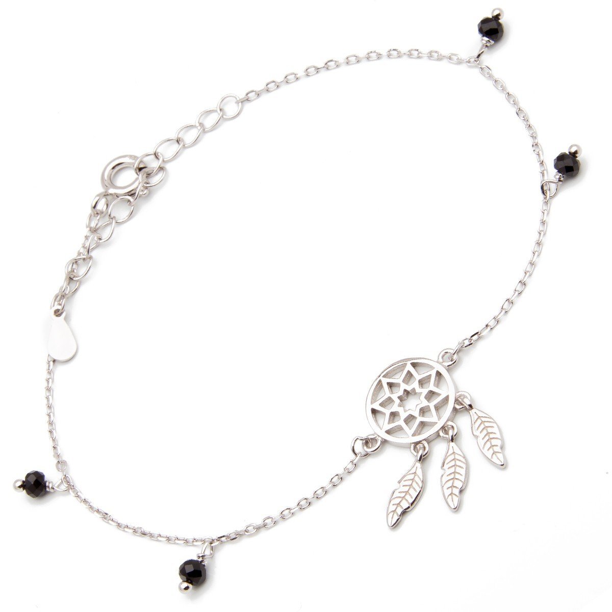 Srebrna bransoletka łapacz snów listek onyks