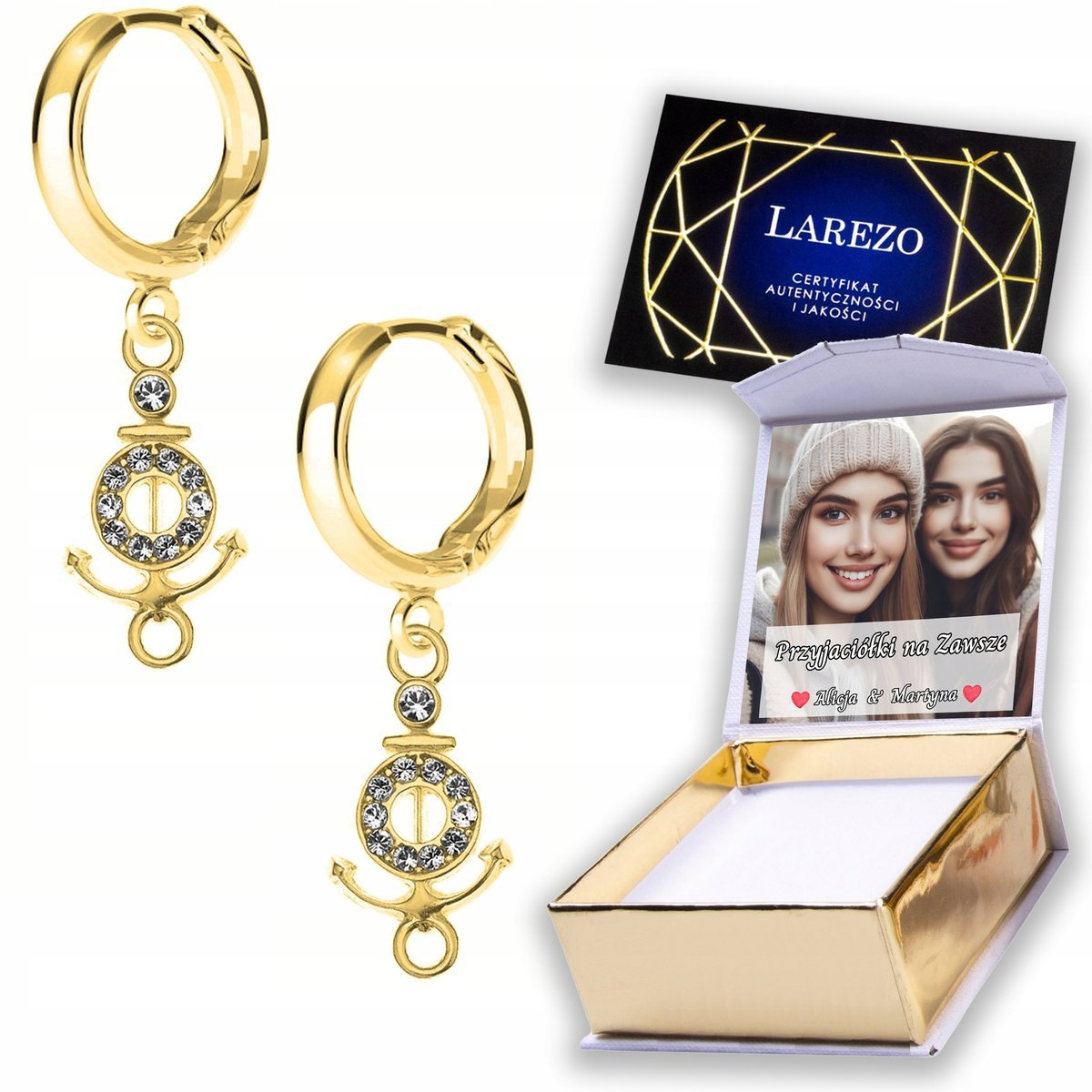 Złote Kolczyki 925 Kotwica Łodź Boat Statek Morze z Cyrkoniami NADRUK