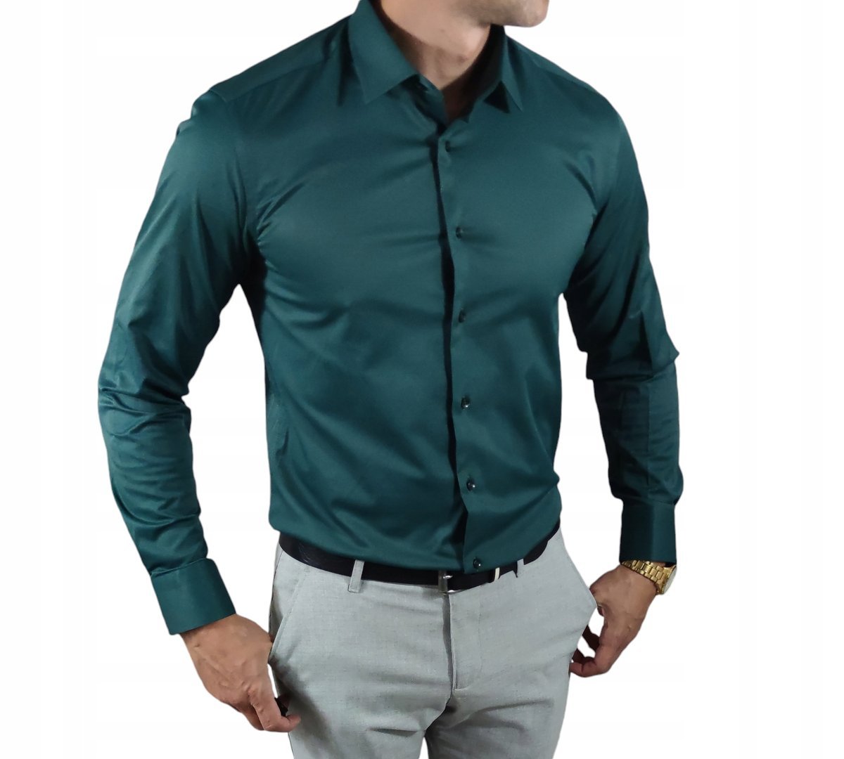 Klasyczna koszula slim fit butelkowa zieleń elegancka ESP06 - 3XL