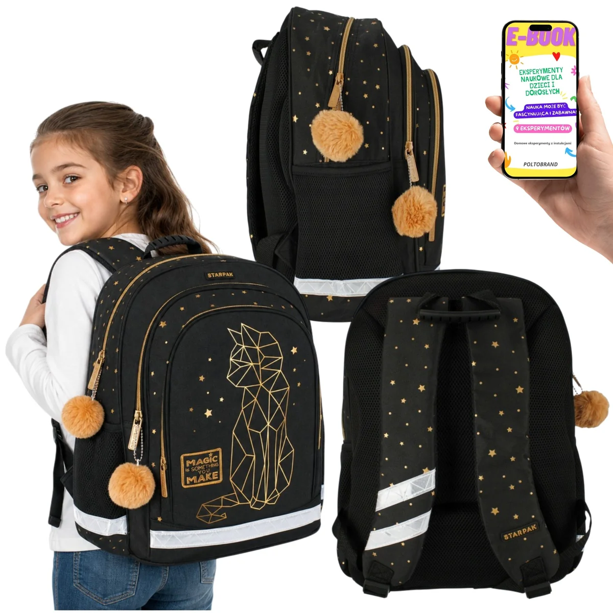 PLECAK SZKOLNY dla DZIEWCZYNKI ZŁOTY KOTEK Starpak Duży A4 23L Odblaski + E-BOOK