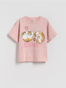 Reserved - T-shirt z nadrukiem Mofusand - brudny róż - Koszulki dla dziewczynek - miniaturka - grafika 1