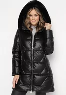Kurtki damskie - Czarna Pikowana Kurtka z Kapturem i Futerkiem Sahria - miniaturka - grafika 1