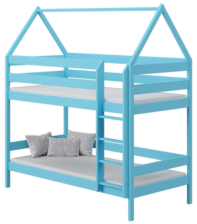 Niebieskie drewniane 2-osobowe łóżko piętrowe domek dla dzieci - Zuzu 3X 180x80 cm